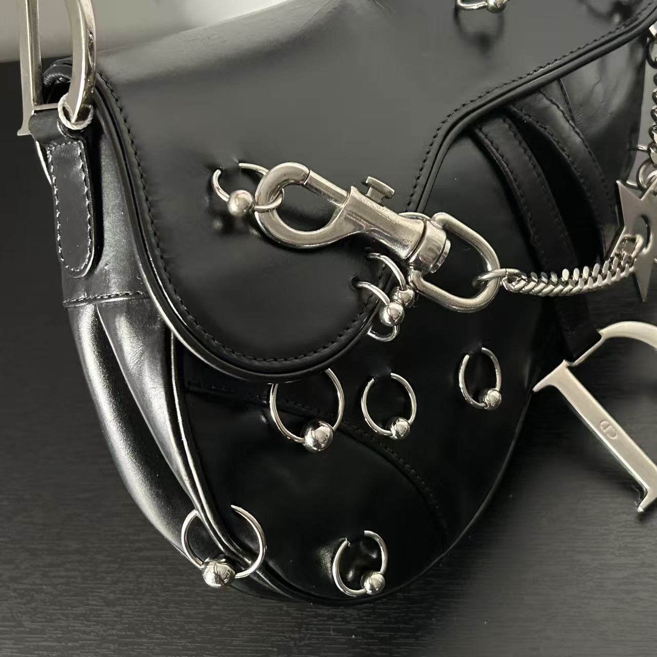 DIOR PUNK HARDCORE BLACK LEATHER SADDLE BAG