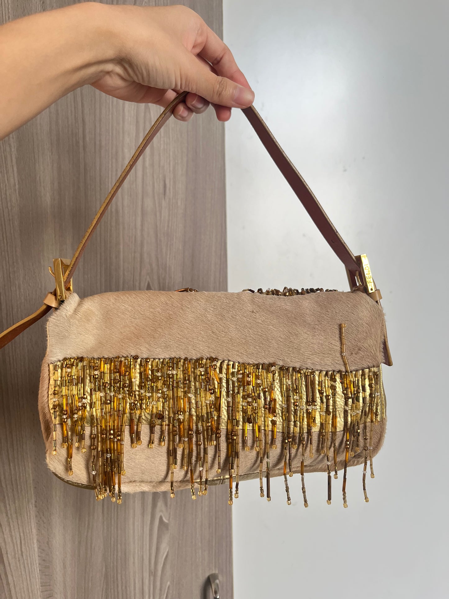 FENDI BAGUETTE GOLD BEADED YELLOW BAG