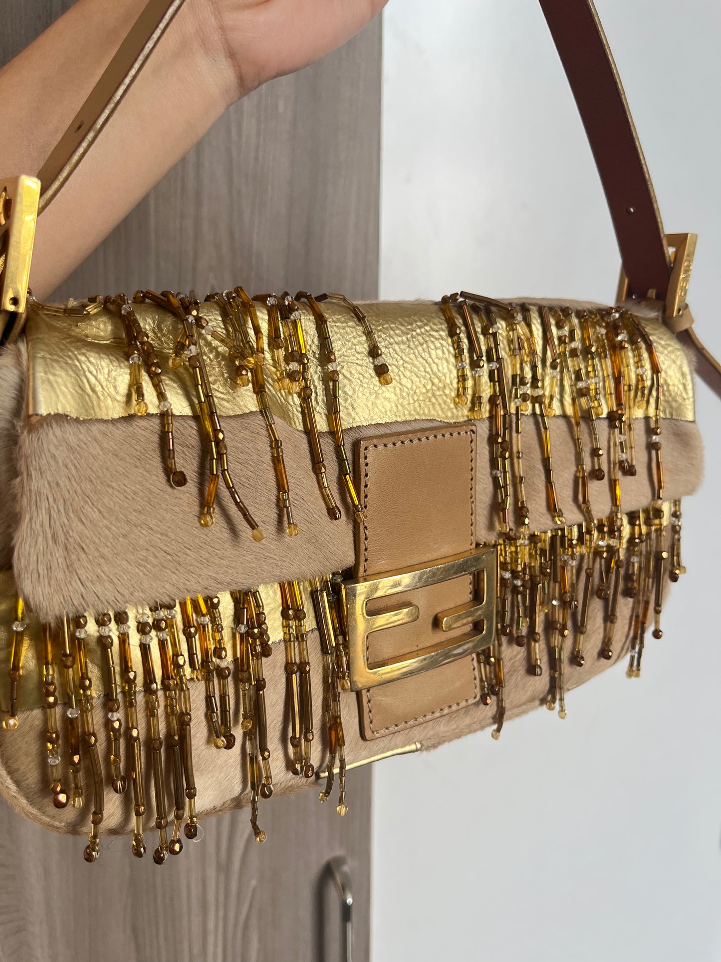 FENDI BAGUETTE GOLD BEADED YELLOW BAG