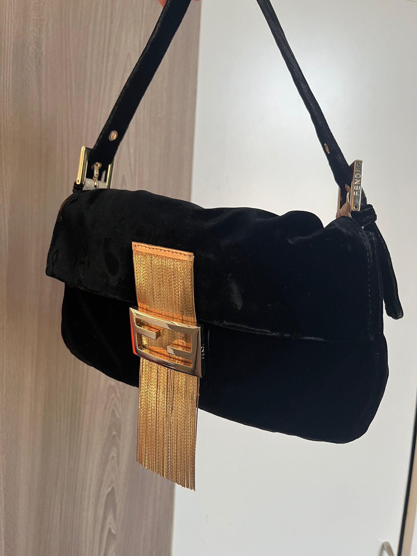 FENDI BAGUETTE BLACK VELVET FRINGE BAG