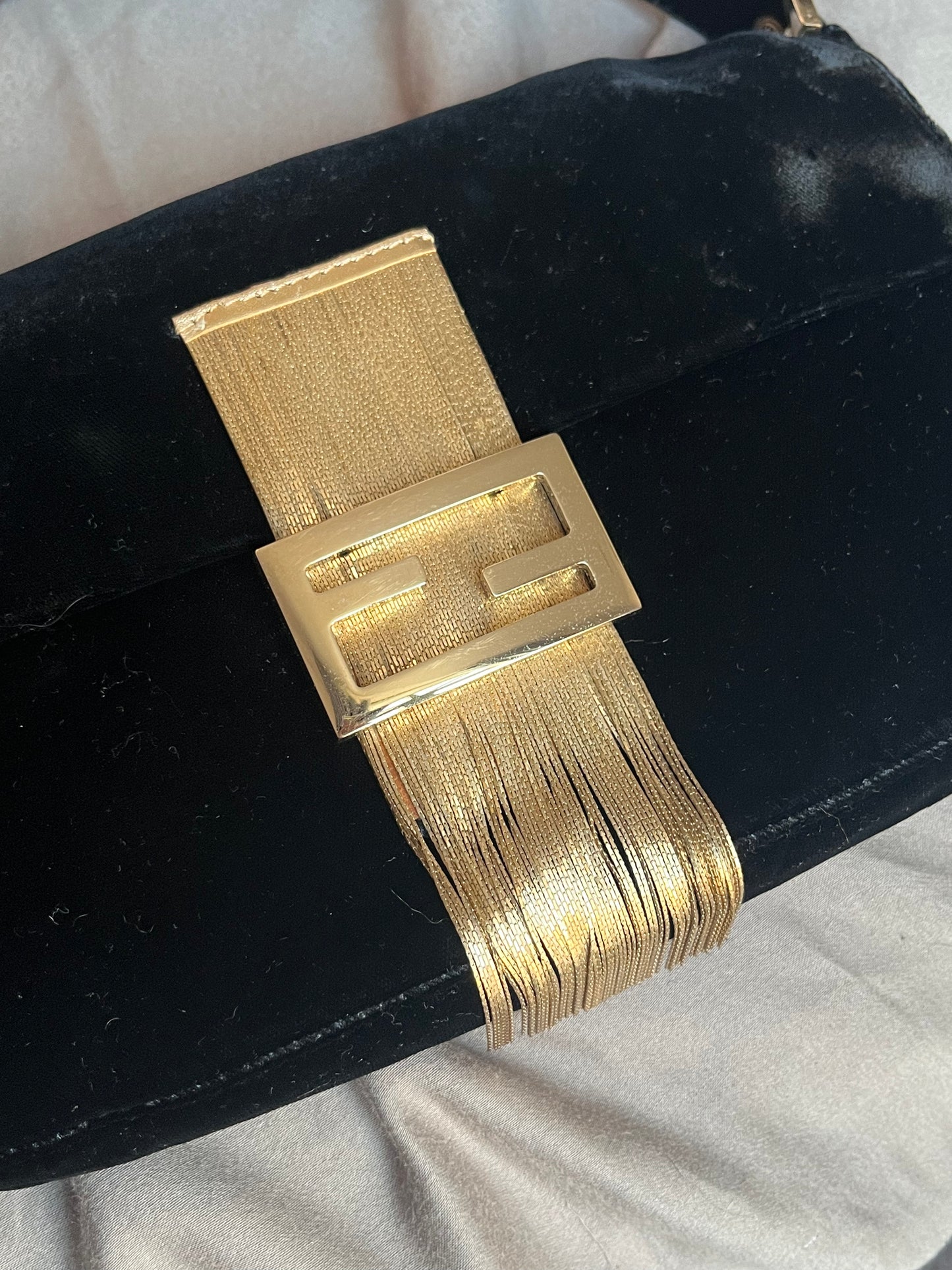 FENDI BAGUETTE BLACK VELVET FRINGE BAG