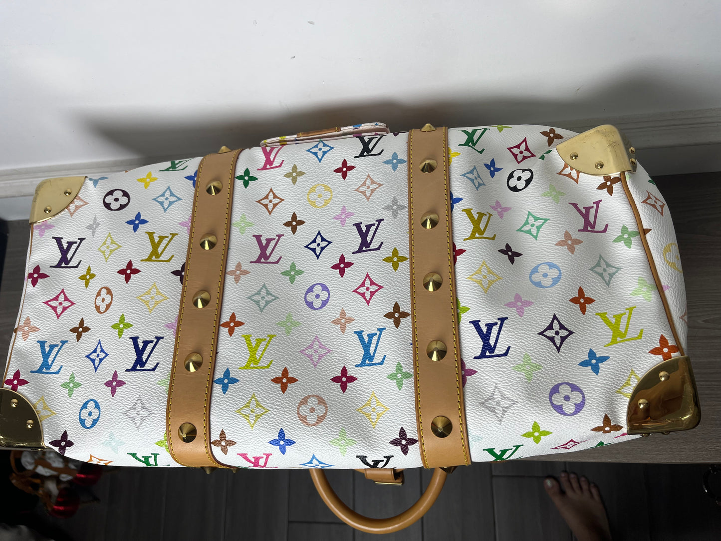 LOUIS VUITTON WHITE MURAKAMI KEEPALL 45 TRAVEL BAG