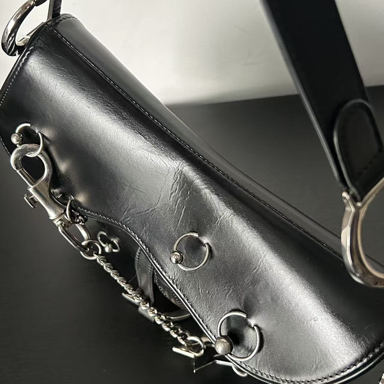 DIOR PUNK HARDCORE BLACK LEATHER SADDLE BAG