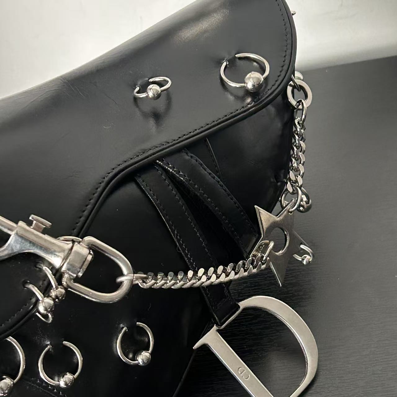 DIOR PUNK HARDCORE BLACK LEATHER SADDLE BAG