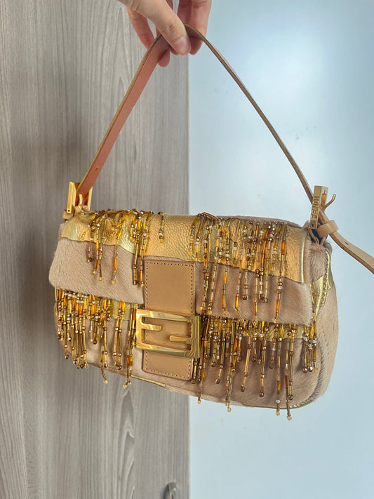 FENDI BAGUETTE GOLD BEADED YELLOW BAG