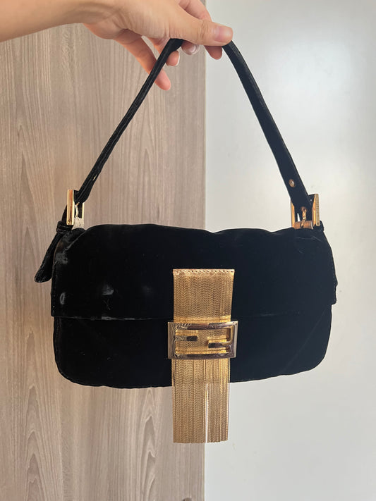 FENDI BAGUETTE BLACK VELVET FRINGE BAG