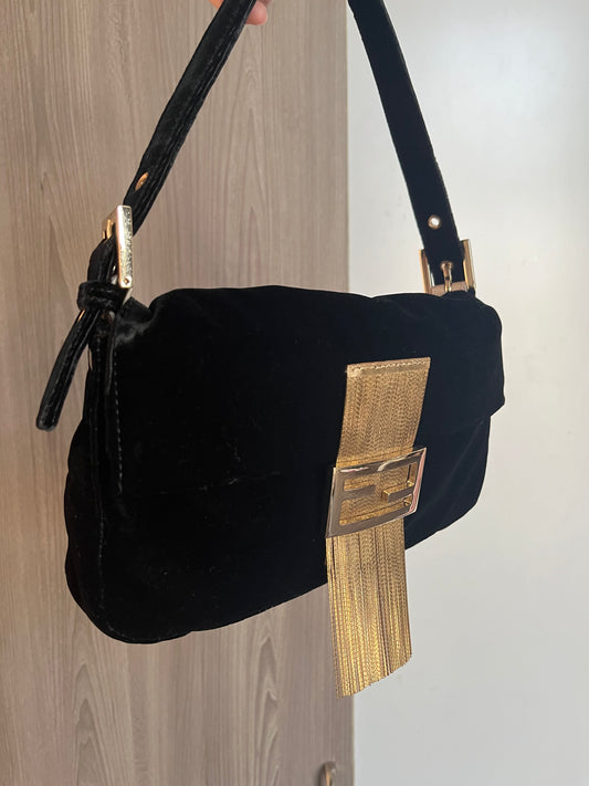 FENDI BAGUETTE BLACK VELVET FRINGE BAG