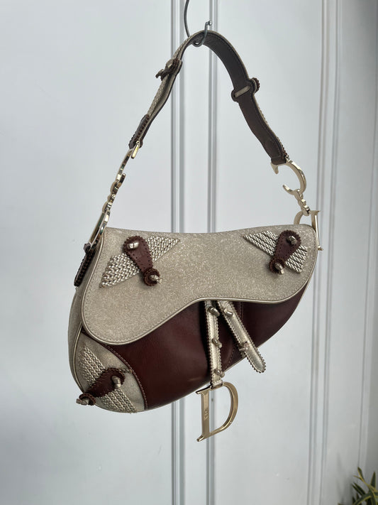 DIOR BROWN GOLD LEATHER & FABRIC SADDLE BAG