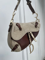 DIOR BROWN GOLD LEATHER & FABRIC SADDLE BAG