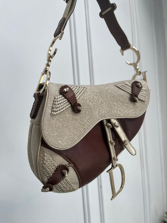 DIOR BROWN GOLD LEATHER & FABRIC SADDLE BAG