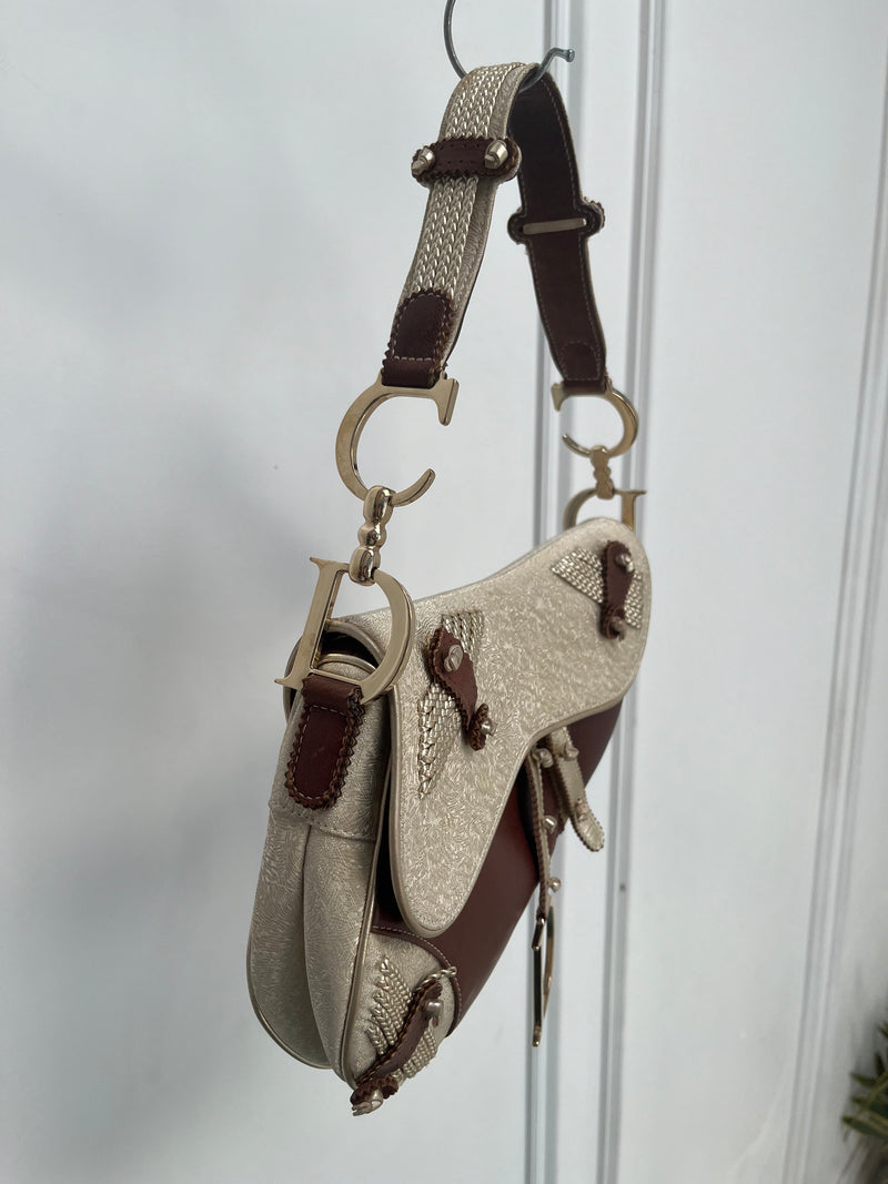 DIOR BROWN GOLD LEATHER & FABRIC SADDLE BAG