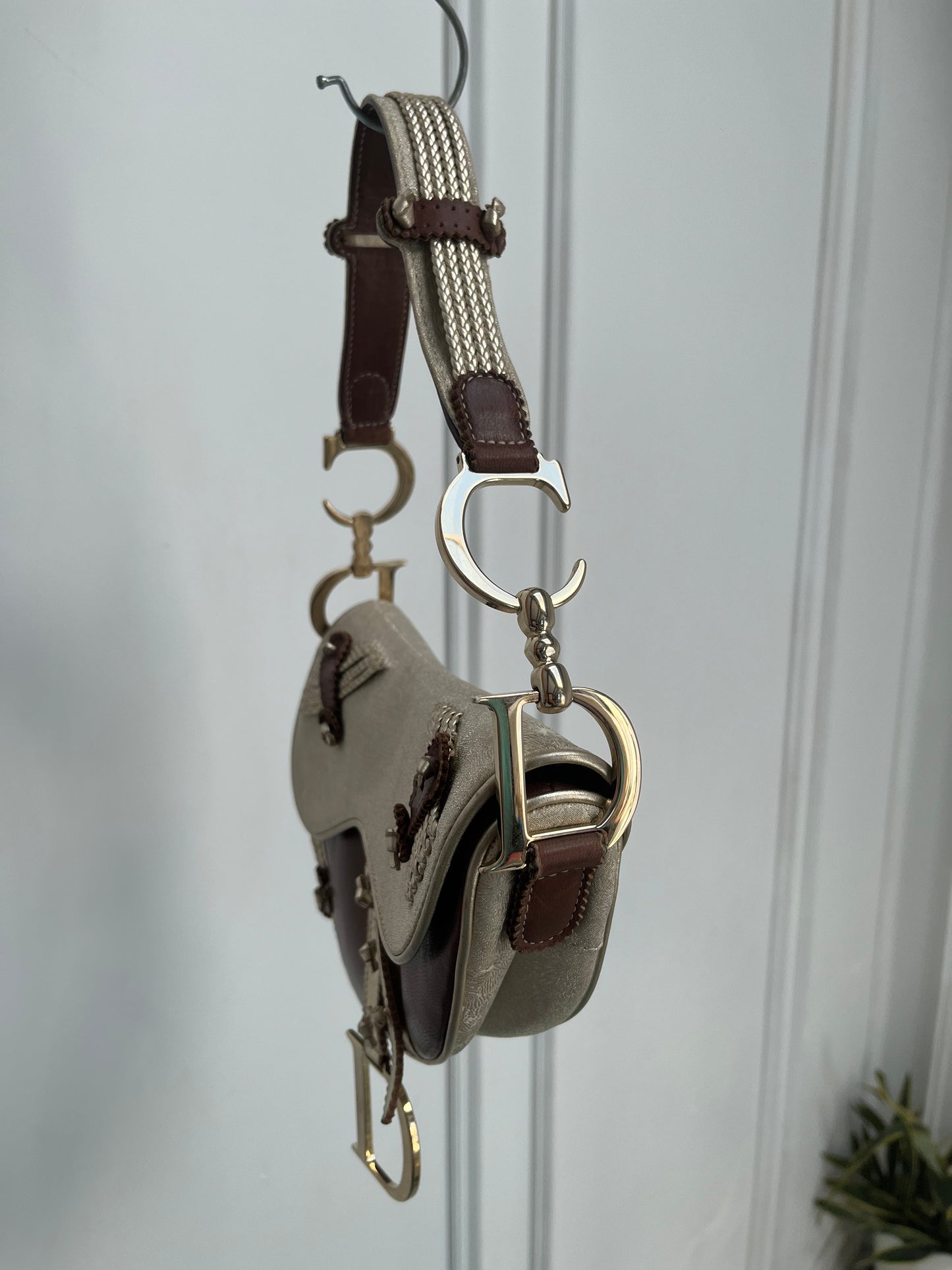 DIOR BROWN GOLD LEATHER & FABRIC SADDLE BAG