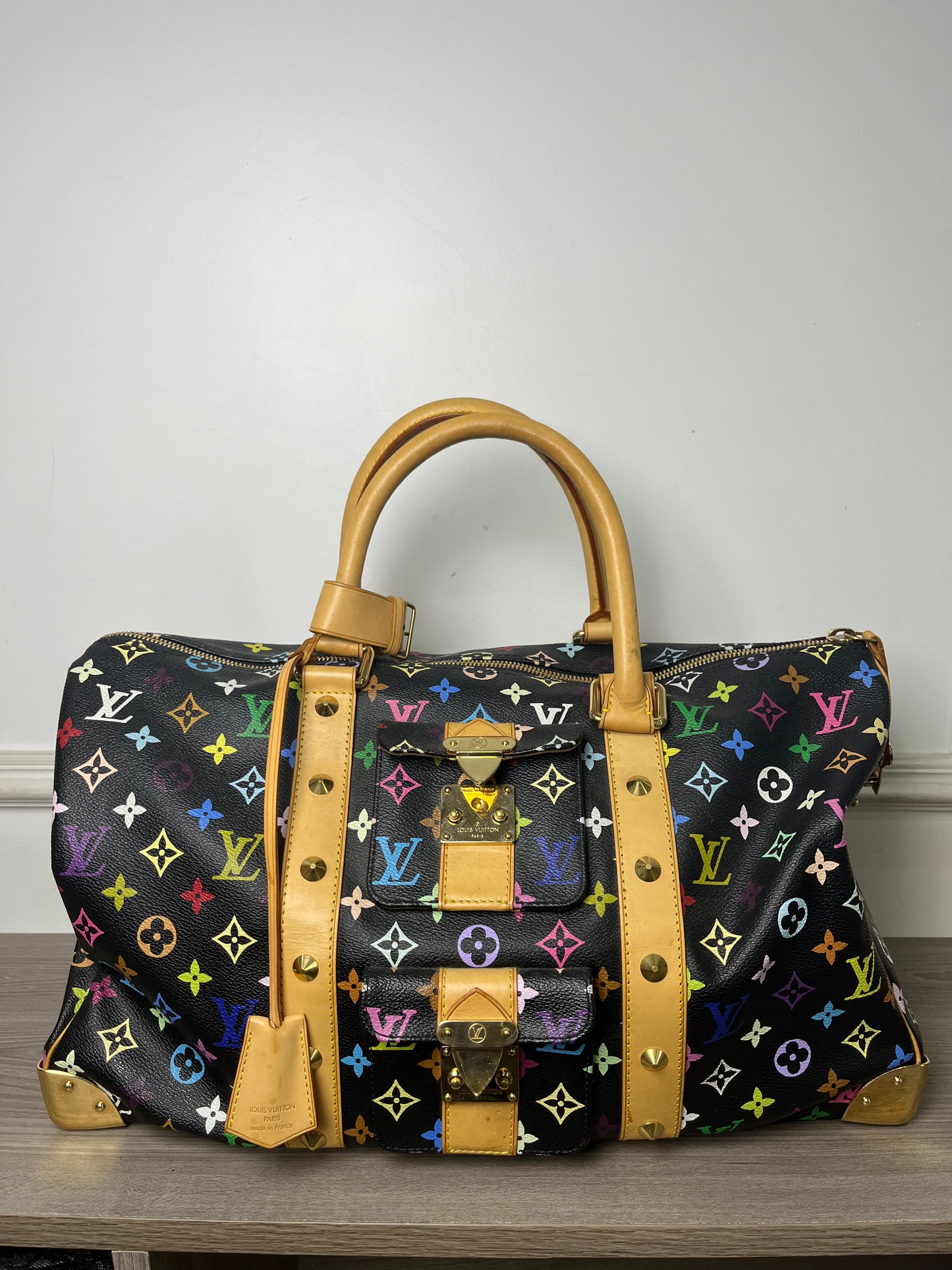 LOUIS VUITTON BLACK MURAKAMI MONOGRAM KEEPALL 45 TRAVEL BAG