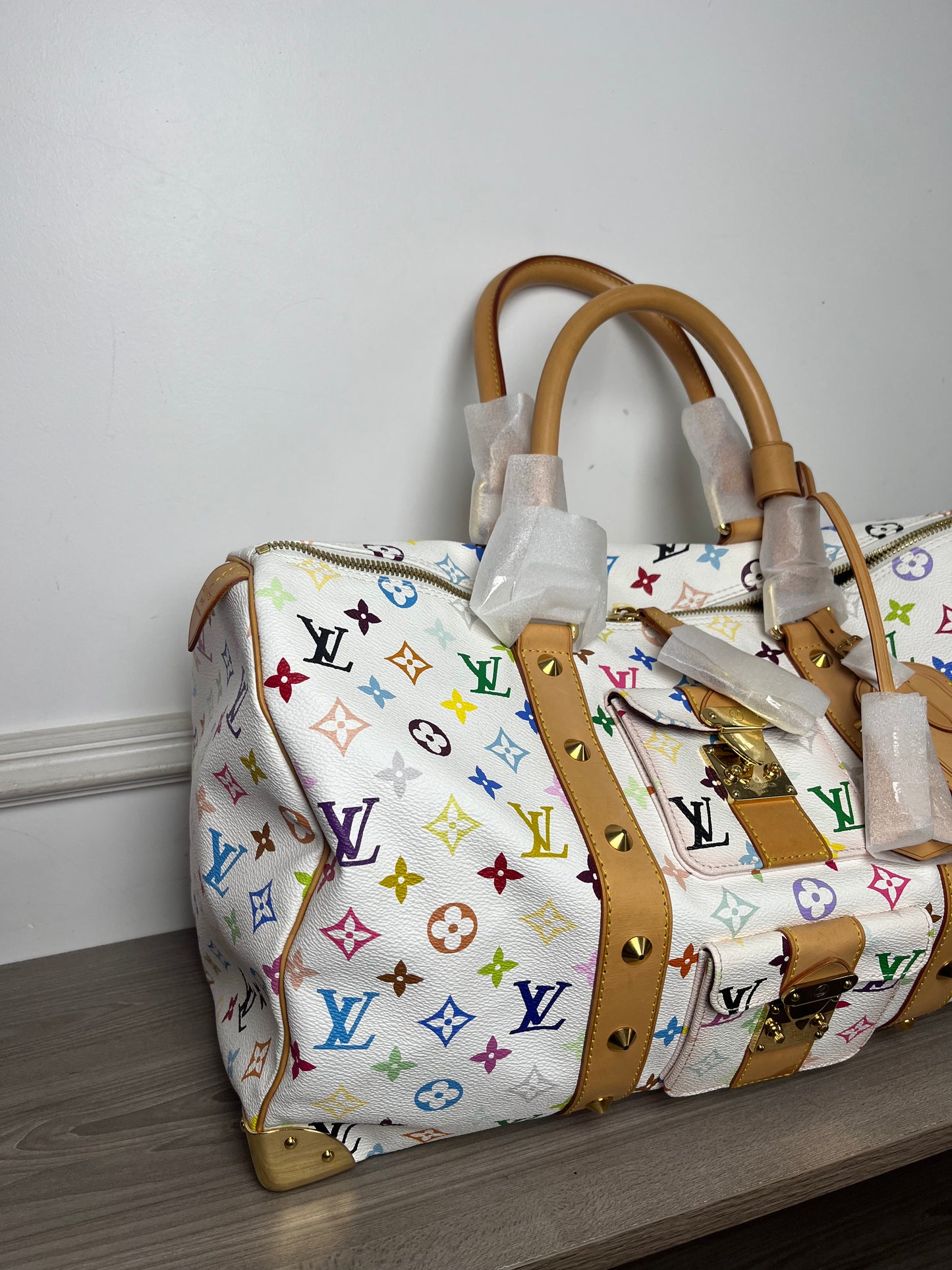 LOUIS VUITTON WHITE MURAKAMI KEEPALL 45 TRAVEL BAG