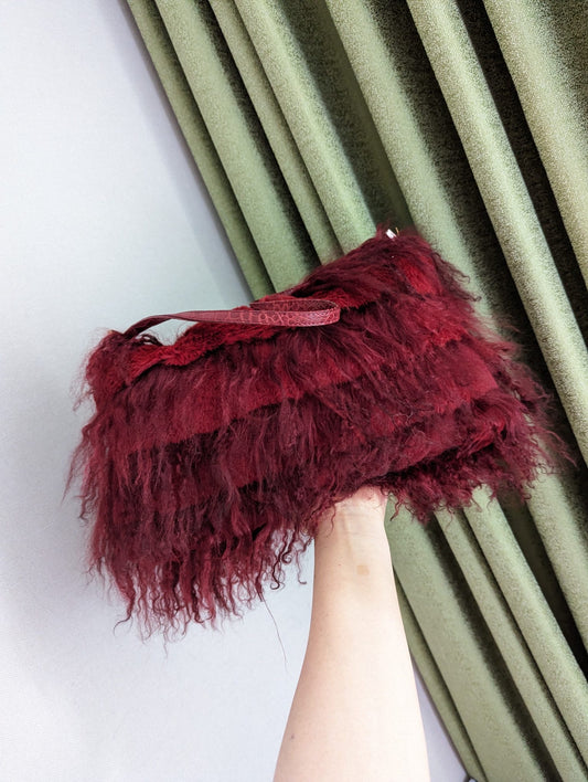 FENDI RED FUR CROCODILE BAGUETTE BAG