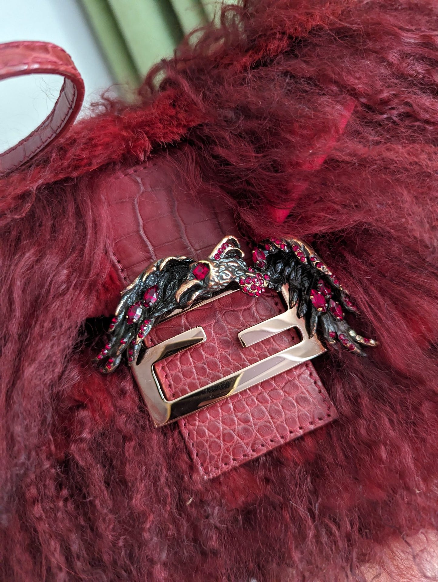 FENDI RED FUR CROCODILE BAGUETTE BAG