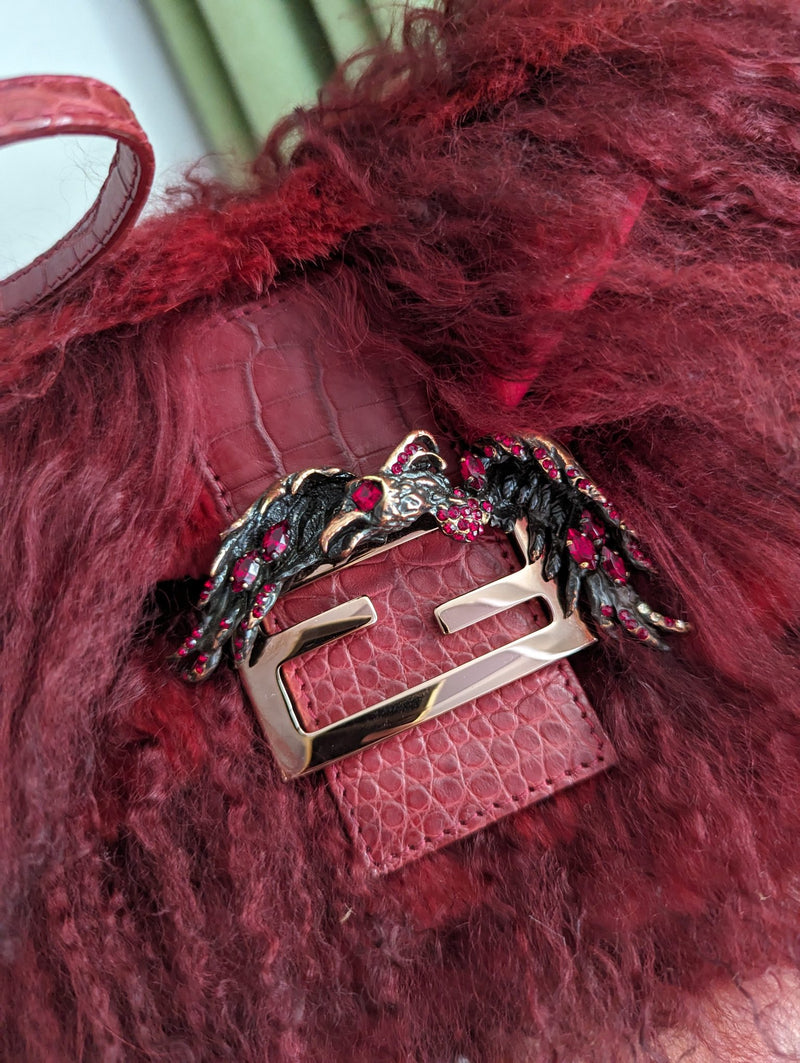 FENDI RED FUR CROCODILE BAGUETTE BAG
