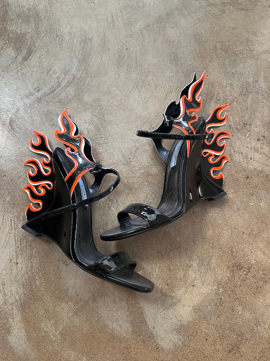 PRADA FLAME FIRE BLACK ORANGE HEELS
