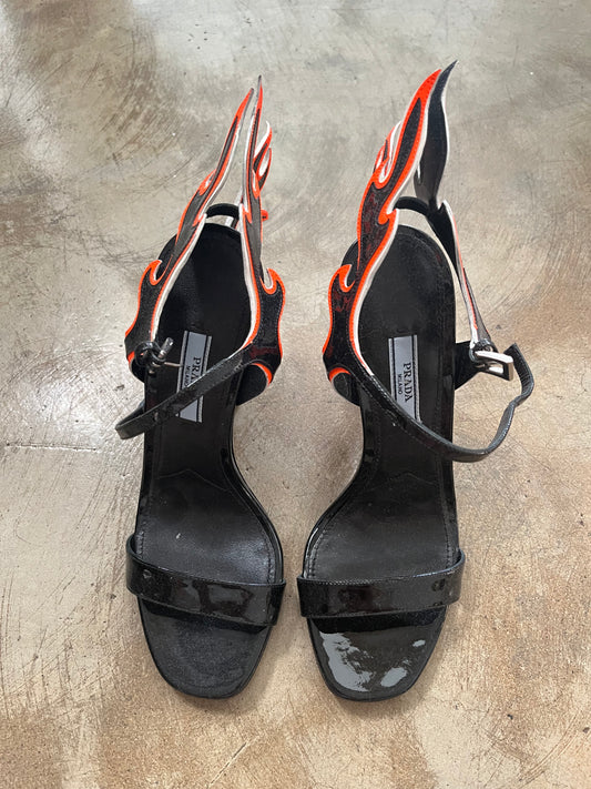 PRADA FLAME FIRE BLACK ORANGE HEELS