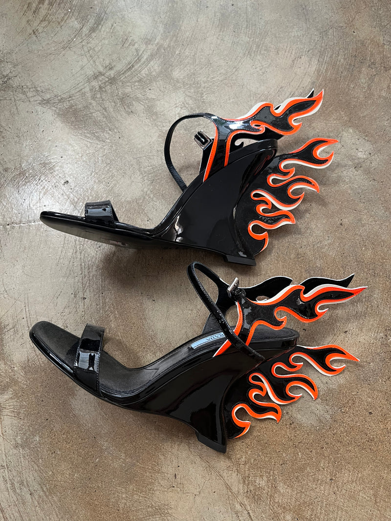 PRADA FLAME FIRE BLACK ORANGE HEELS