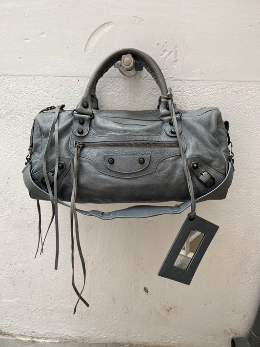 BALENCIAGA TWIGGY GREY BLUE LEATHER HANDBAG