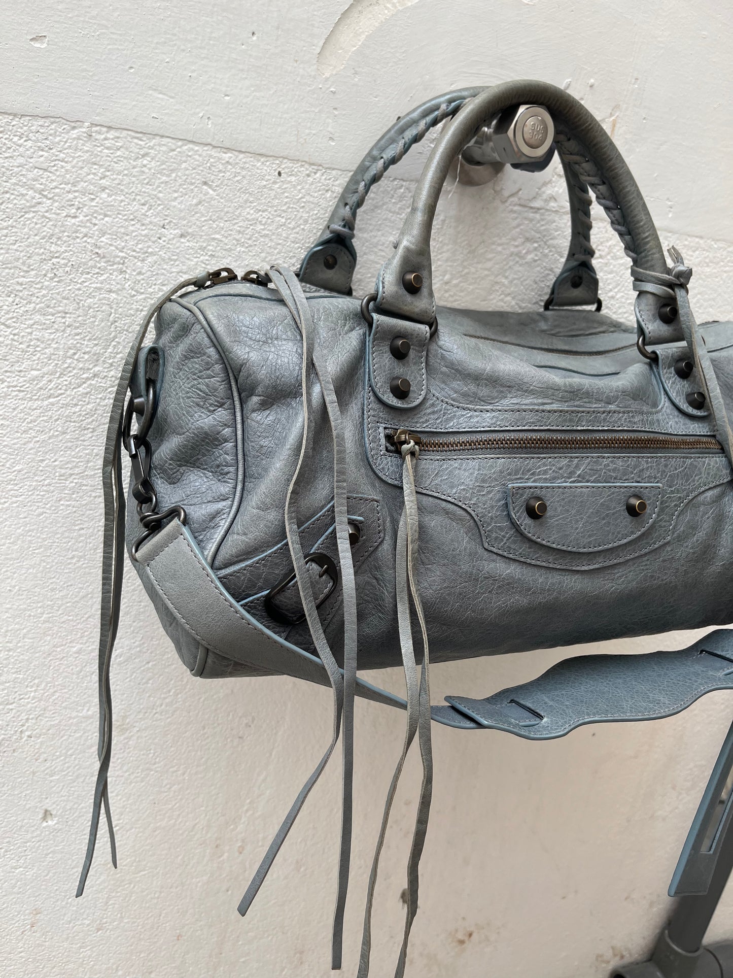 BALENCIAGA TWIGGY GREY BLUE LEATHER HANDBAG