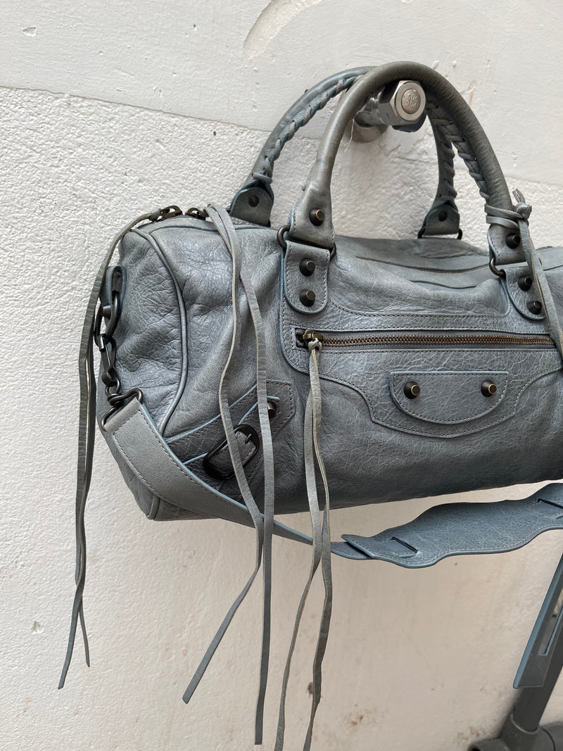 BALENCIAGA TWIGGY GREY BLUE LEATHER HANDBAG