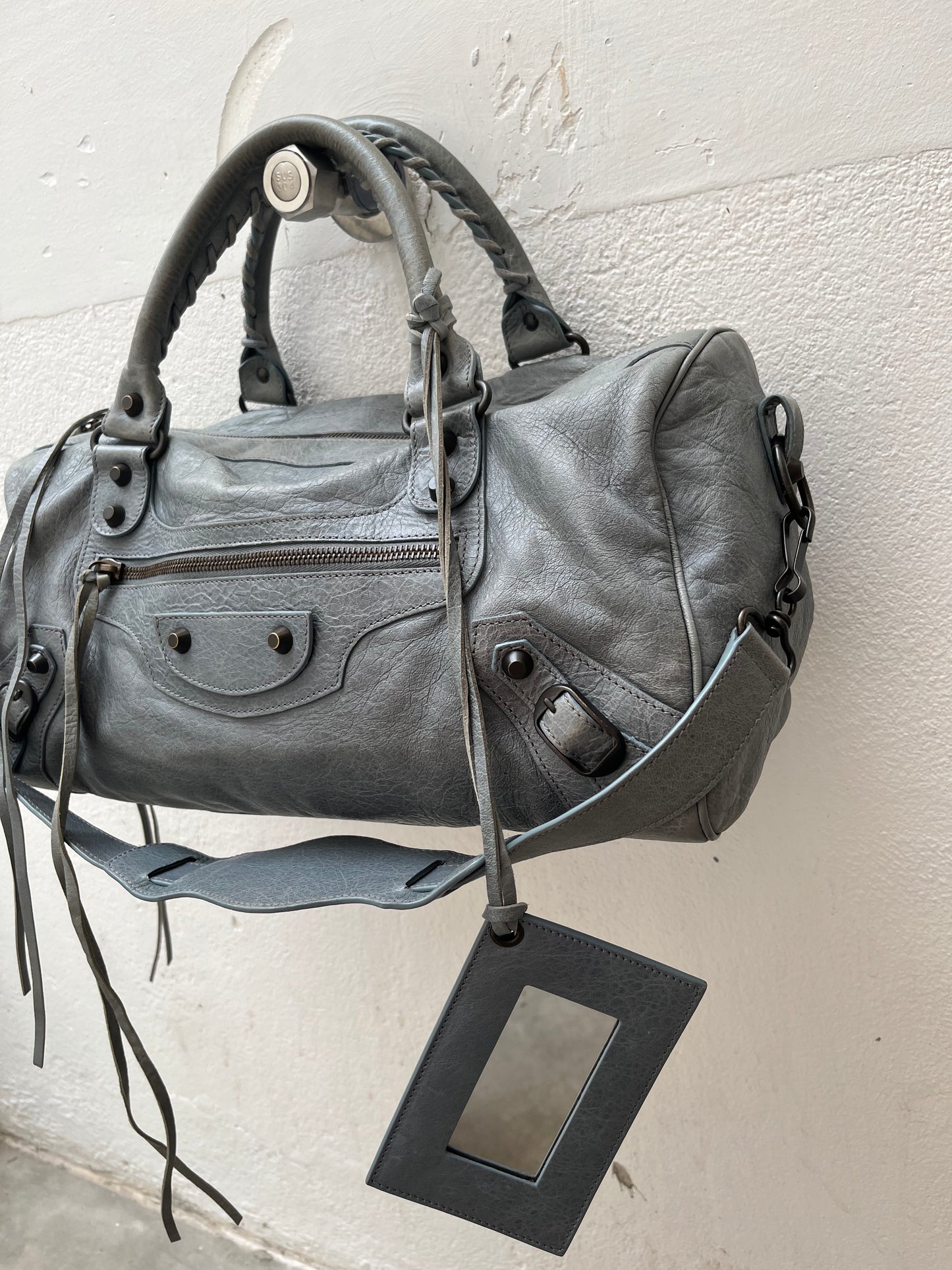 BALENCIAGA TWIGGY GREY BLUE LEATHER HANDBAG
