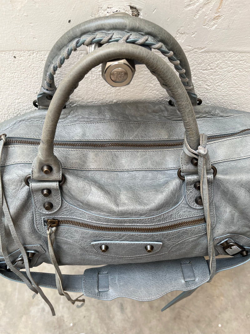 BALENCIAGA TWIGGY GREY BLUE LEATHER HANDBAG