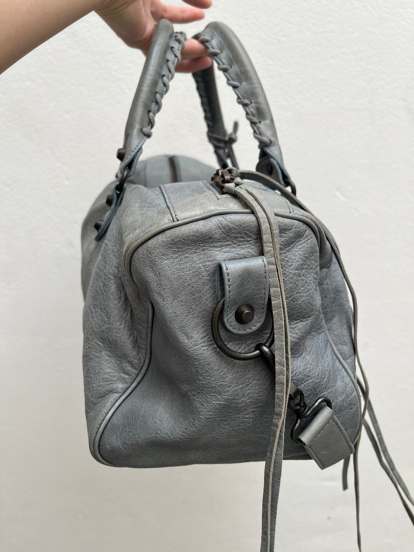 BALENCIAGA TWIGGY GREY BLUE LEATHER HANDBAG