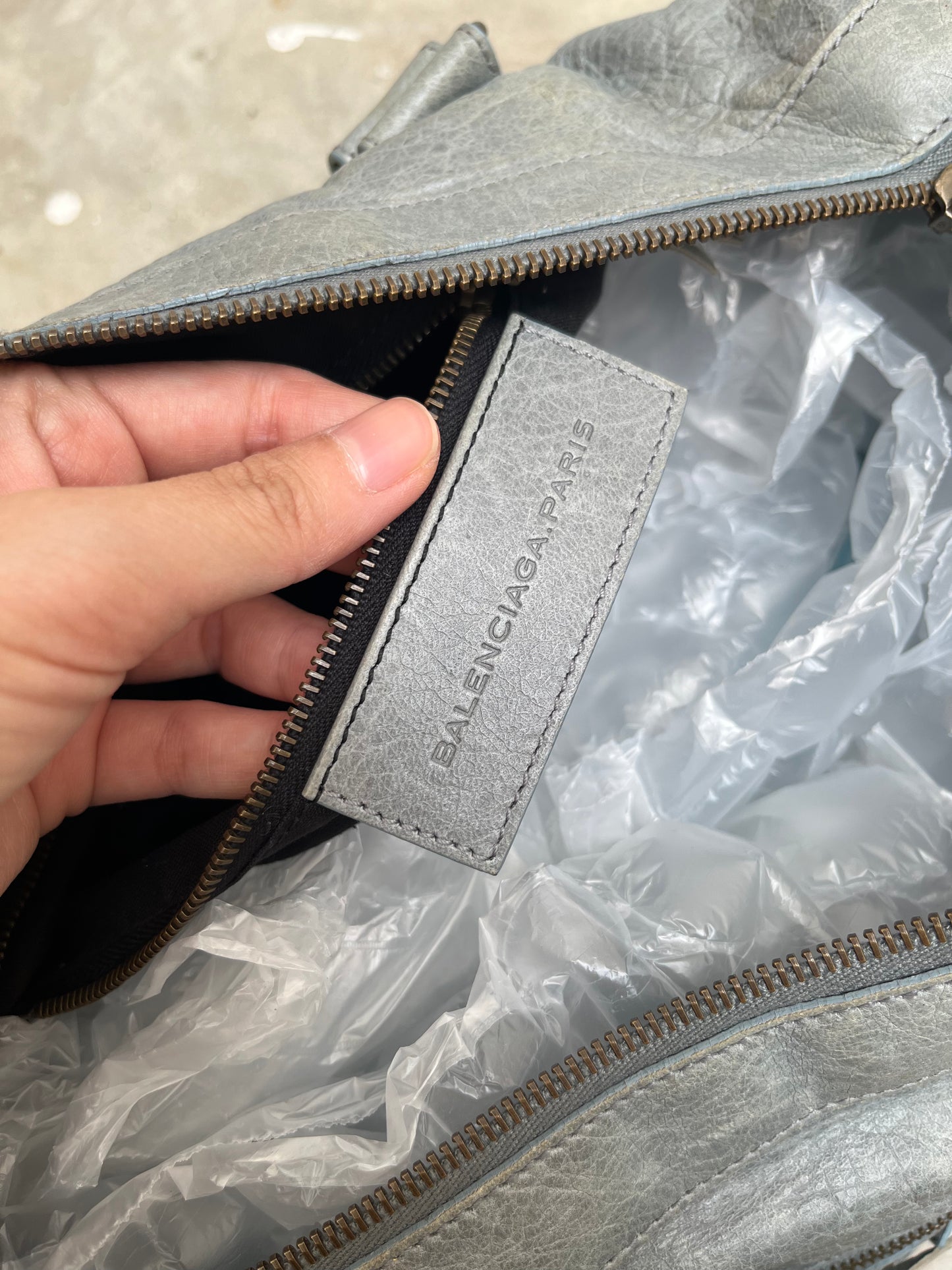 BALENCIAGA TWIGGY GREY BLUE LEATHER HANDBAG