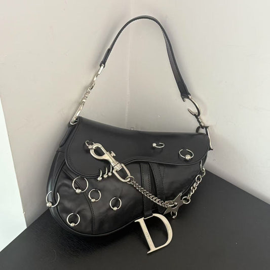DIOR PUNK HARDCORE BLACK LEATHER SADDLE BAG