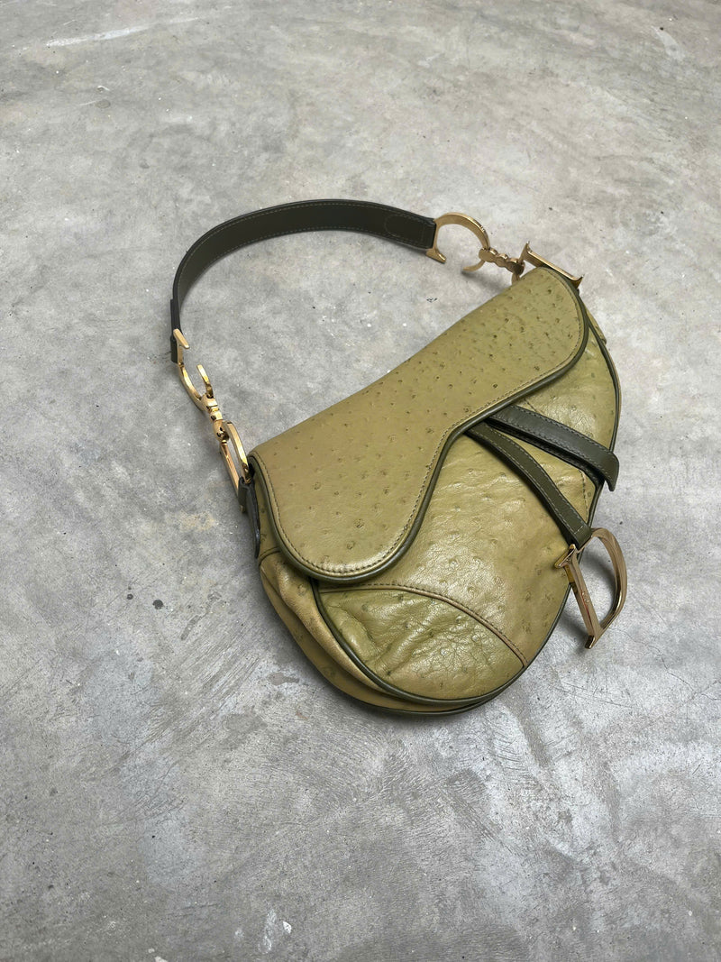 DIOR GREEN OSTRICH SADDLE BAG