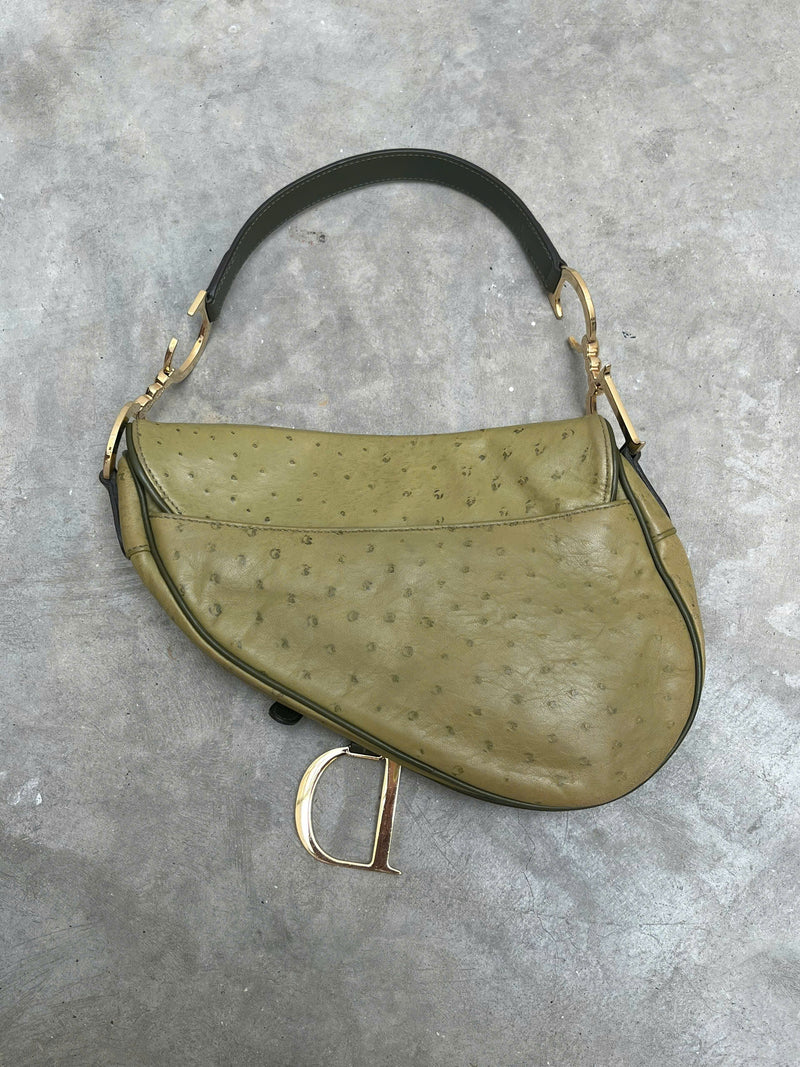 DIOR GREEN OSTRICH SADDLE BAG