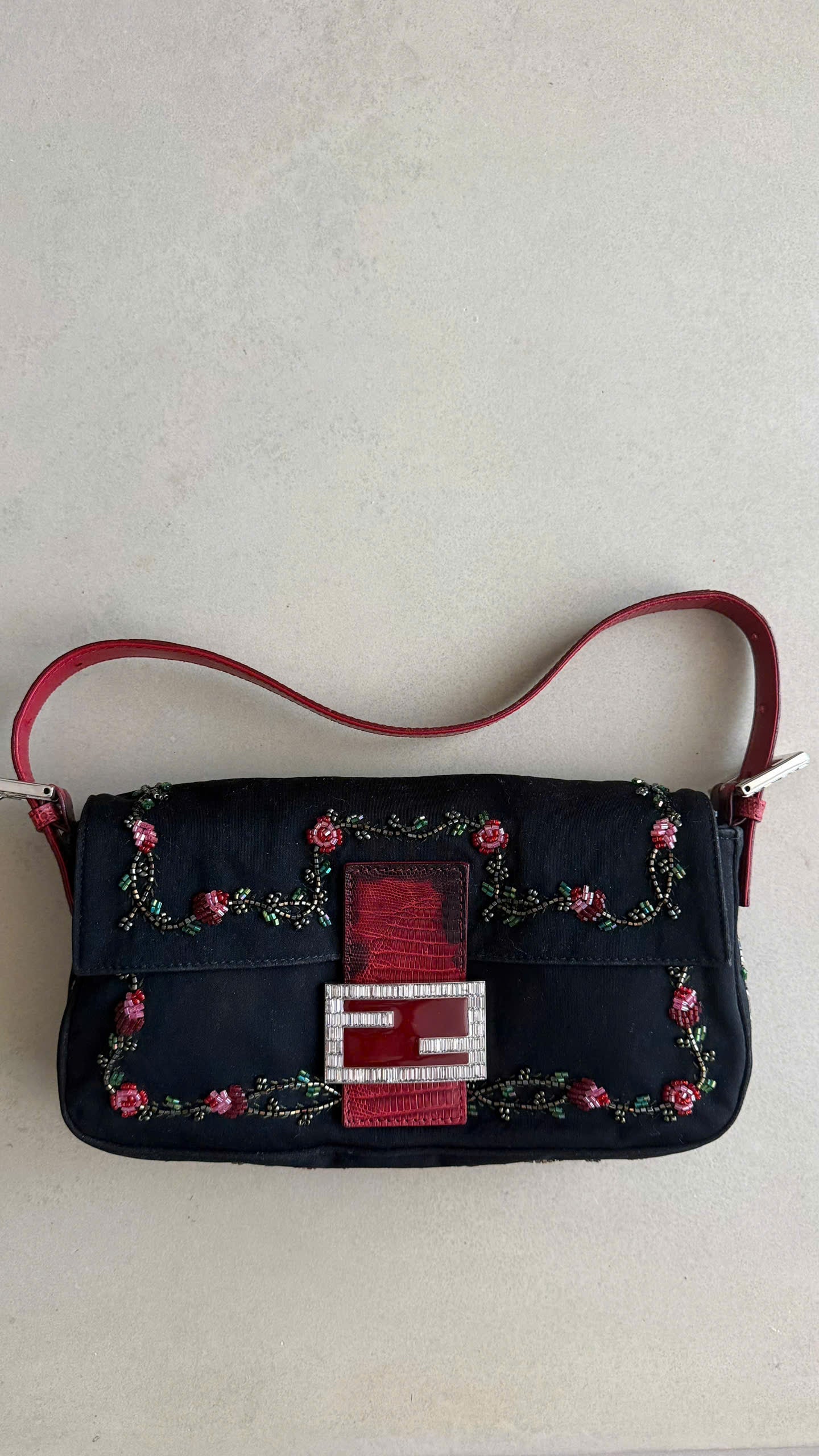 FENDI NEOPRENE LIZARD BEADED CRYSTAL BAGUETTE
