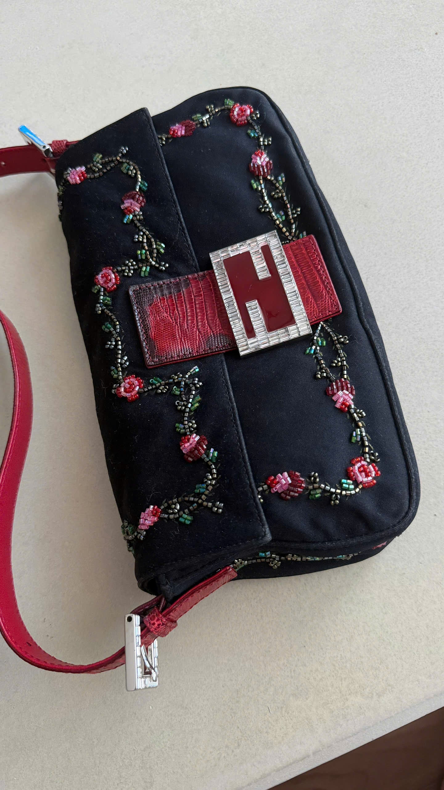 FENDI NEOPRENE LIZARD BEADED CRYSTAL BAGUETTE